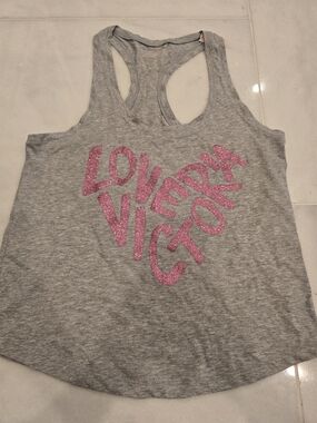 Victoria's Secret Gray Racerback Tank with Pink Glitter Logo Heart